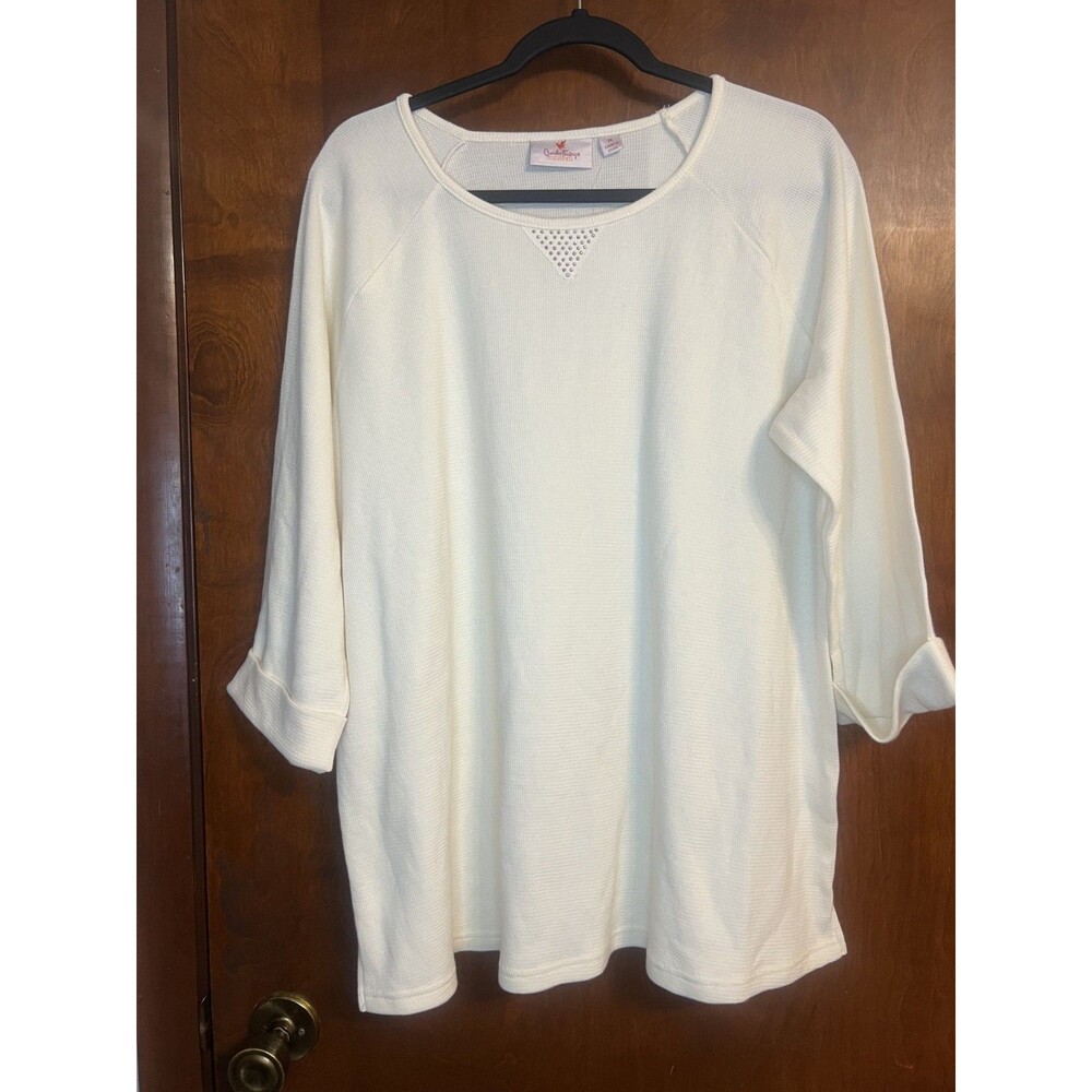 Quacker Factory Waffle Knit Popover Top Cream White Rhinestone Bling 1X XL NWT